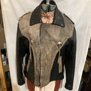 Vtg 1980s western cowboy fringe conchos black/beige pefecto mens leather jacket